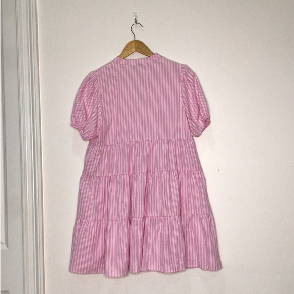 She + Sky Pink & White Stripe Puff Sleeve Mini Sundress Size Small V Neckline - Picture 3 of 12